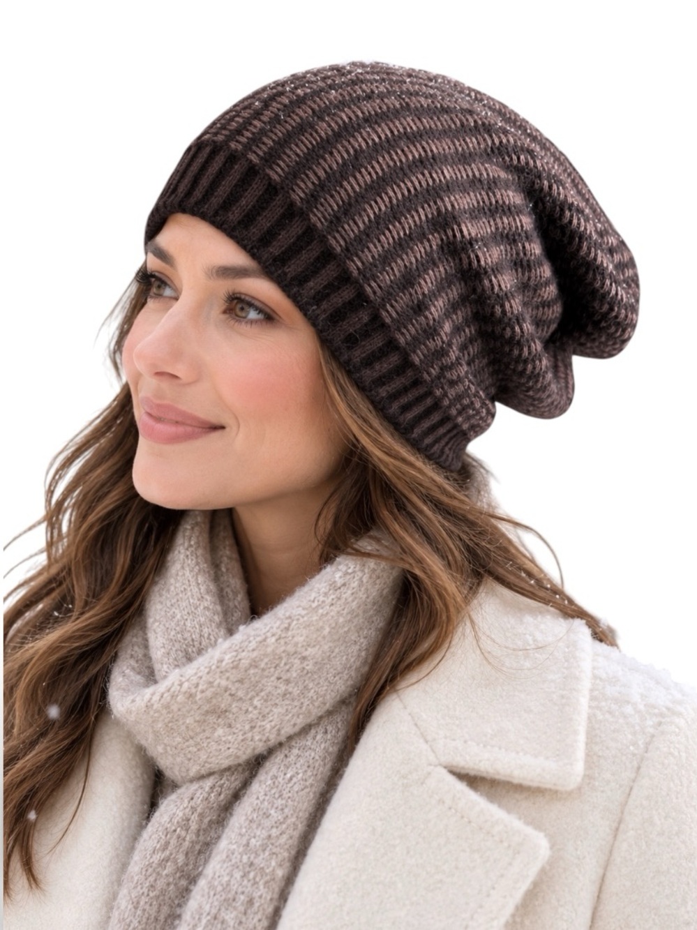 Portolano Striped Slouchy Beanie Angora Wool Cashmere Blend Brown NWT